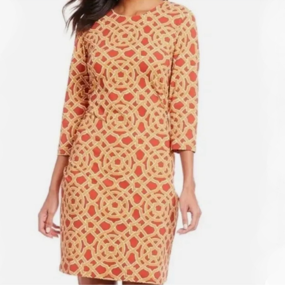 J. McLaughlin Sophia Sheath Dress in Rust Scribe Print Sz Small Catalina Cloth